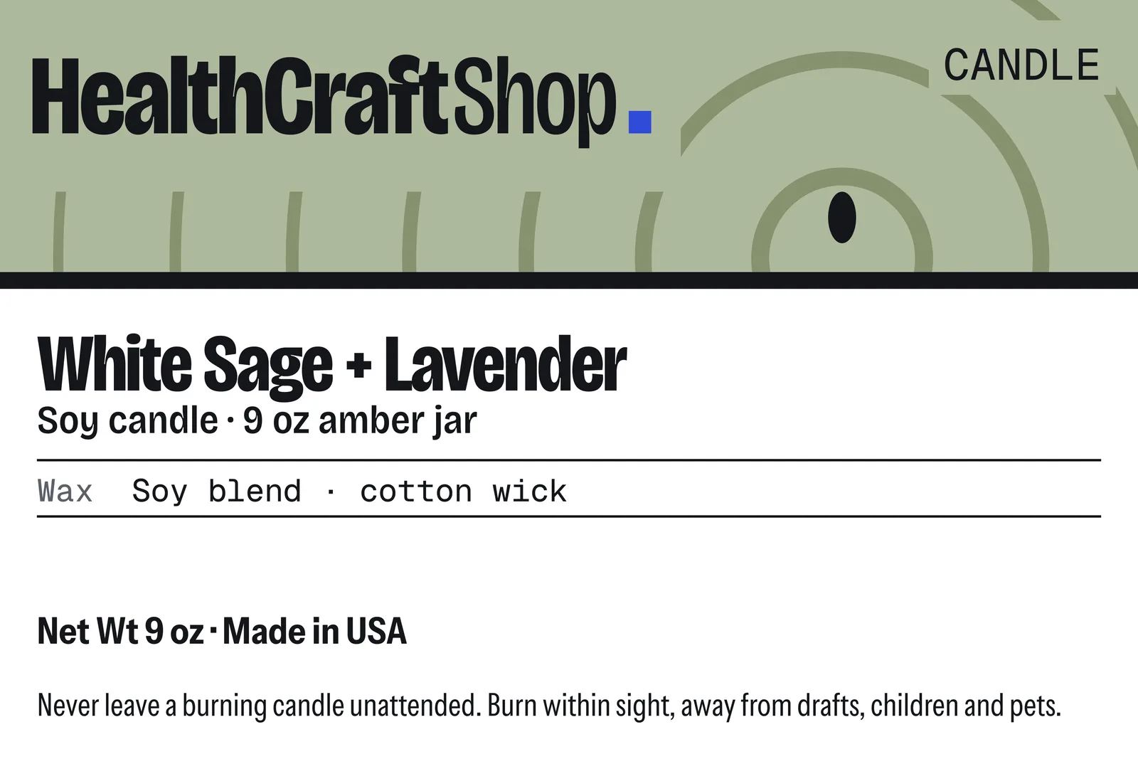 Printed label artwork for HealthCraftShop White Sage + Lavender