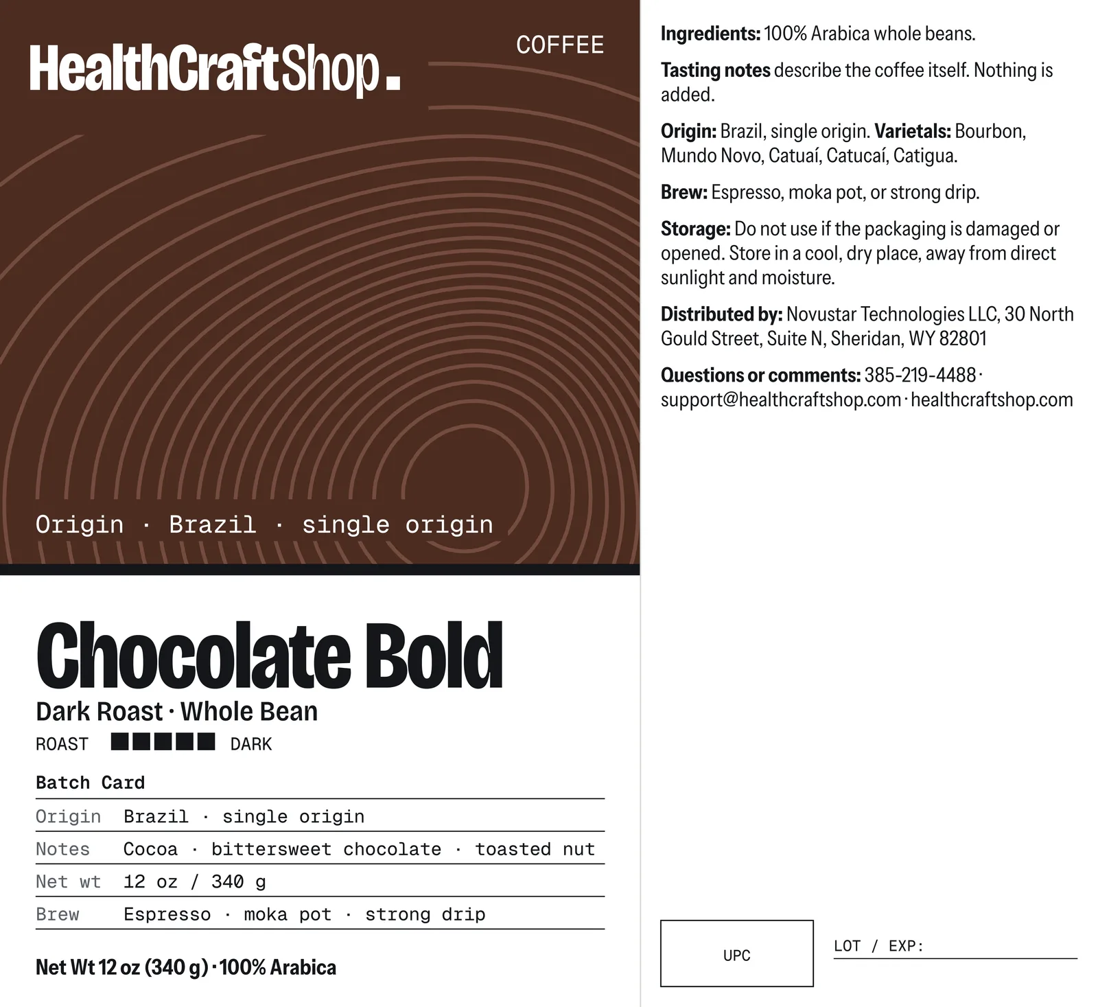 Printed label artwork for HealthCraftShop Chocolate Bold
