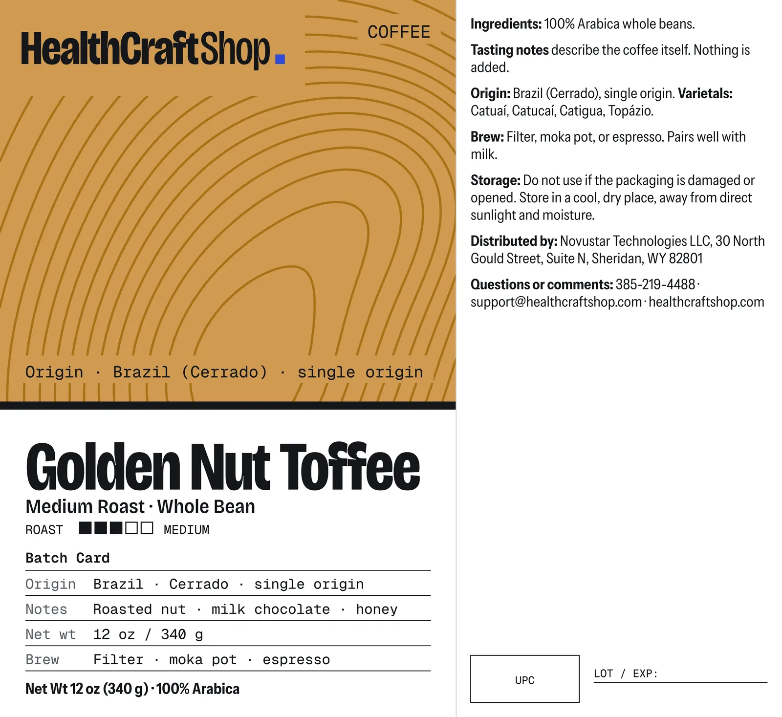 Printed label artwork for HealthCraftShop Golden Nut Toffee