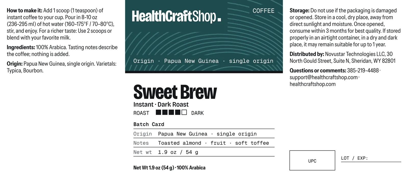 Printed label artwork for HealthCraftShop Sweet Brew